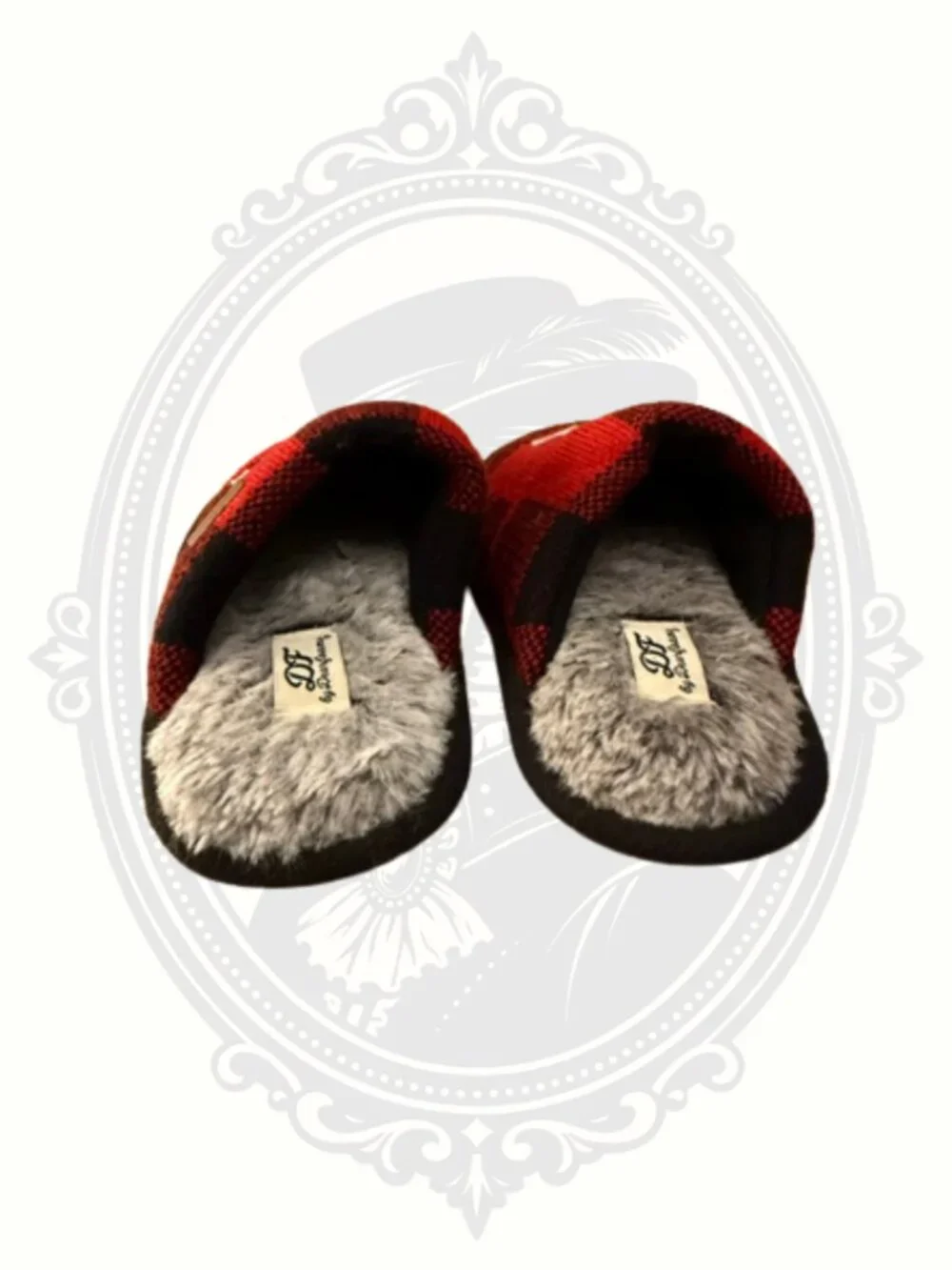 🐻Dearfoams Lil Bear Buffalo Plaid Plush House Slippers Kids US 11-12 Red Black